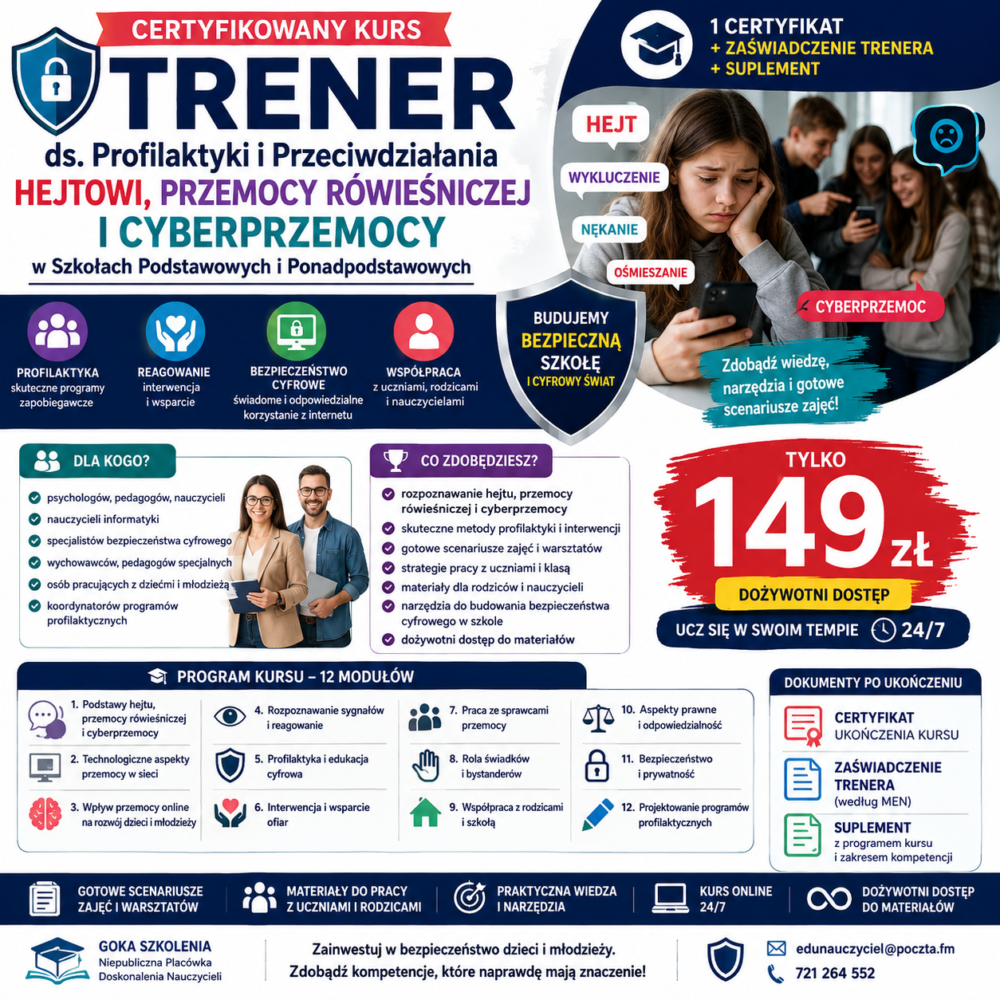 Trener ds. Profilaktyki i Przeciwdziałania Hejtowi, Przemocy Rówieśniczej i Cyberprzemocy w Szkołach Podstawowych i Ponadpodstawowych